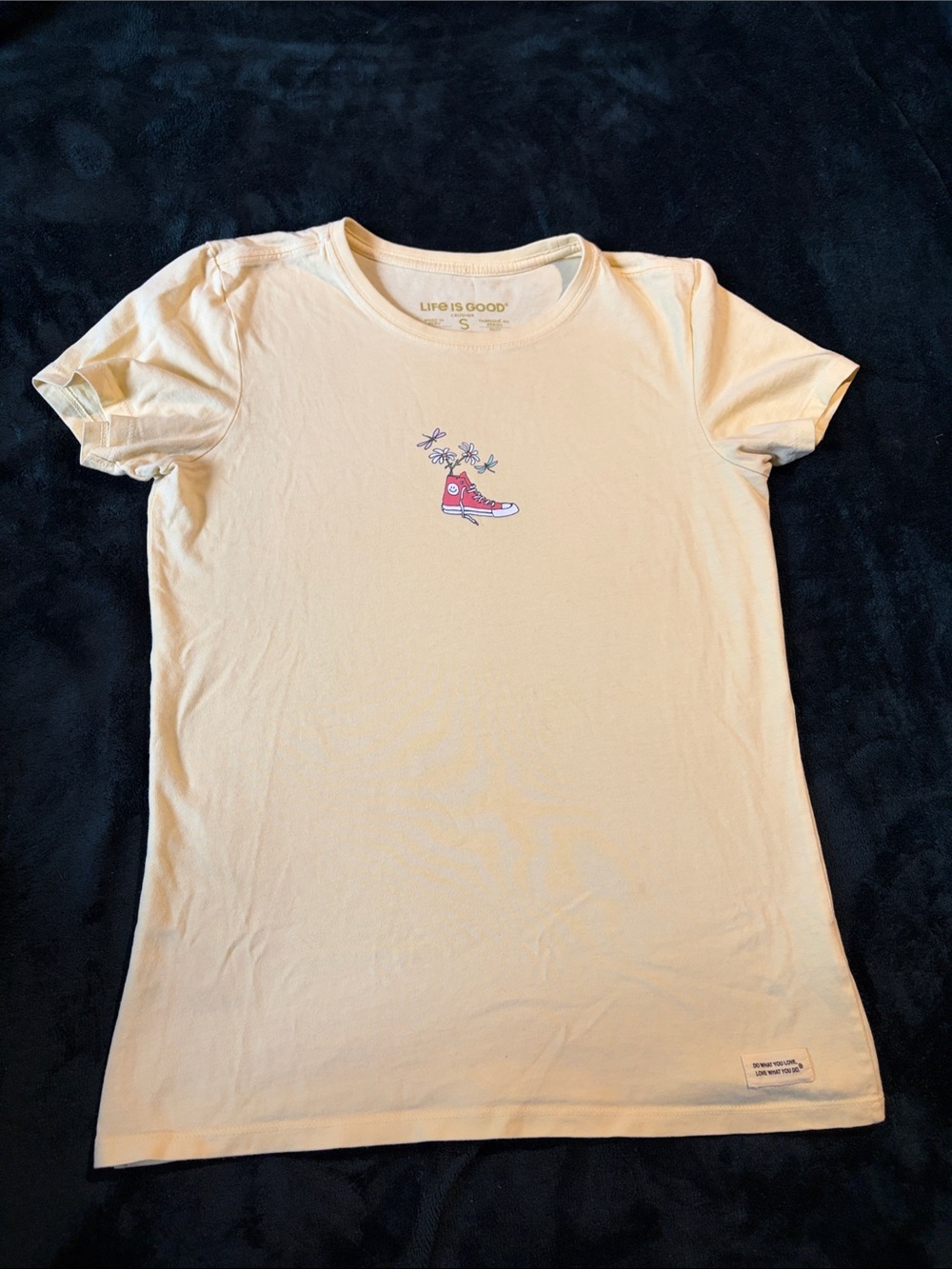 Life Is Good Yellow Tee with Red Sneaker Graphic